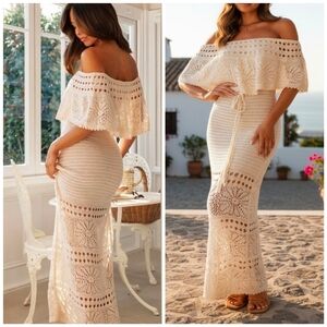 New Crochet Lace Off Shoulder Popover Ruffle Knit Maxi Dress Bodycon Cream Khaki